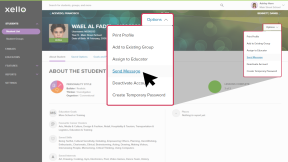Student profile open in a Xello educator account. The Options menu is open with Send Message highlighted
